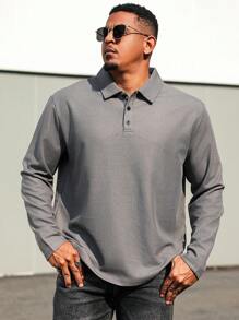 Manfinity CasualCool Camisa polo casual de manga larga con botones delanteros para hombre de talla grande, diseño minimalista