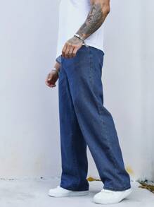 Manfinity Homme Pantalones vaqueros de bolsillo sencillos para hombre, uso diario casual - Azul lavado medio - Ver 4