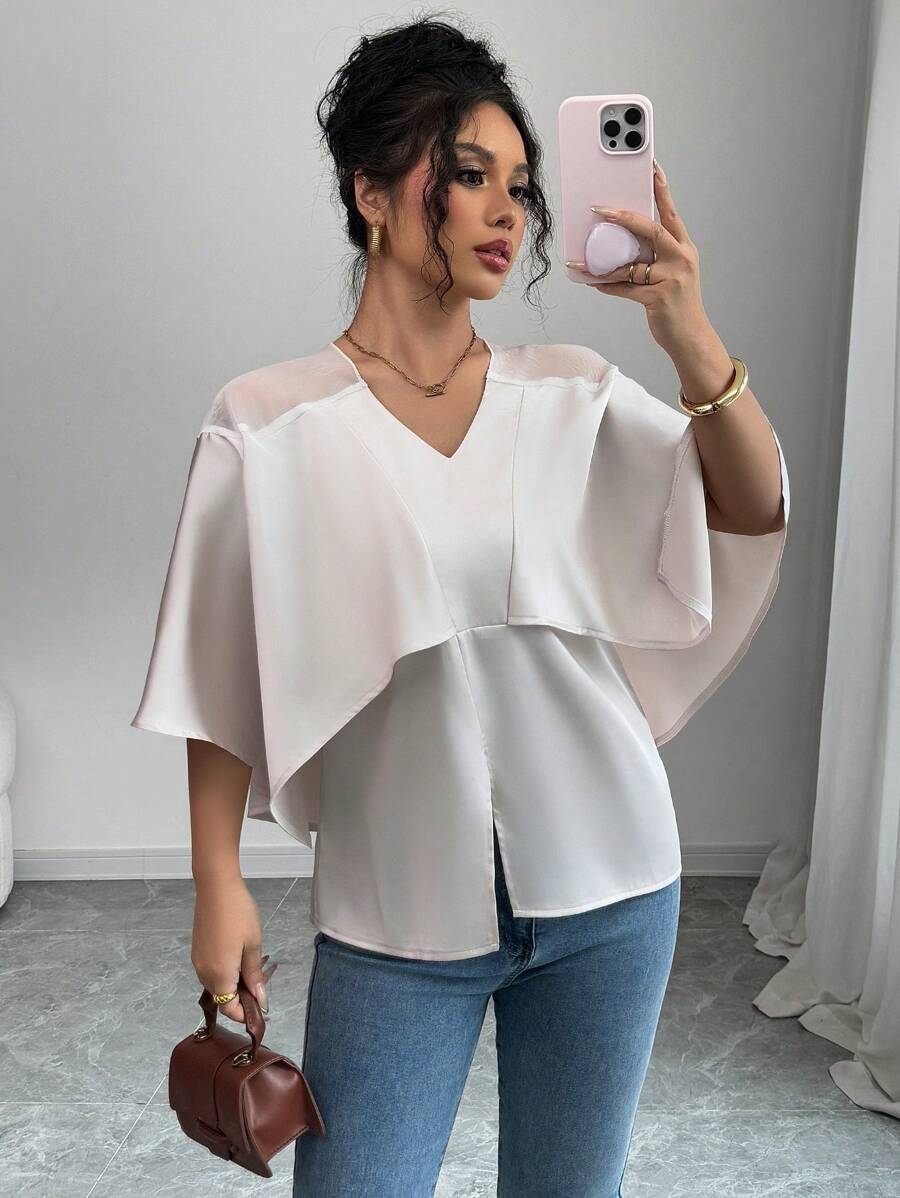 Elenzga Women's Solid Color V-Neck Batwing Sleeve Ruffle Hem Loose Blouse - Beige - View 1