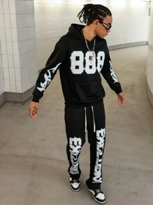 Manfinity Streetrush Conjunto de sudadera con capucha y pantalón de chándal estilo juvenil y de carreras con impresión digital grande en inglés para hombres, regalo para novio o esposo