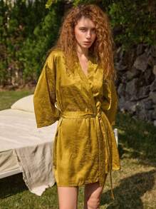Ocili Leisure Soft And Smooth Jacquard Pattern Satin Landscape Women Sleepwear Robe - Mustard Yellow - View 6