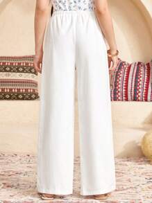 SHEIN Teen Girls' Casual Vacation White Comfortable Woven Cotton Twill Drawstring Waist Wide Leg Pants