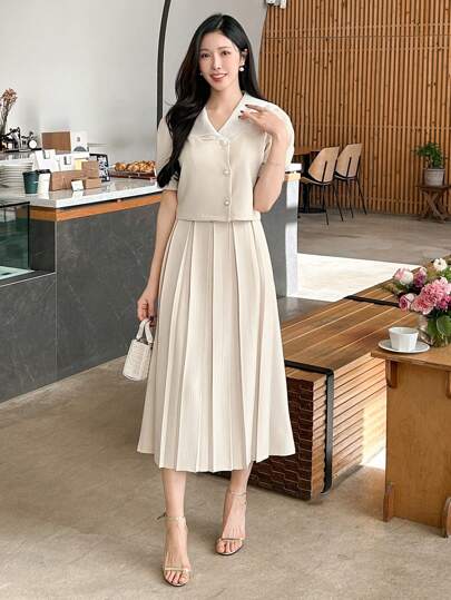 DAZY 2pcs Women Office Wear Set: Color Blocking Ruffle Collar Blouse And Pleated Skirt