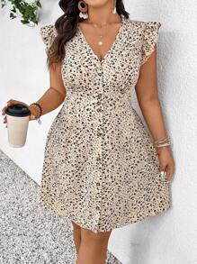 SHEIN Frenchy 大码波西米亚风休闲假日碎花印花收腰 A 字形盖袖连衣裙，适合夏季 - 杏色 - 查看 5