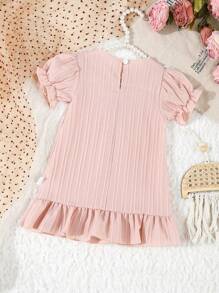 女婴粉色休闲优雅蕾丝肩带、前部蝴蝶结、泡泡袖过膝睡袍家居服 - 粉色 - 查看 2