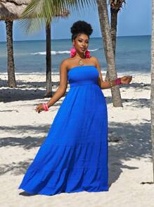 Slaydiva Pure Green Color Vacation Casual Style Strapless Plus Size Dress,Beach Dress Sundress,Holiday Outfits Boho - Royal Blue - View 5