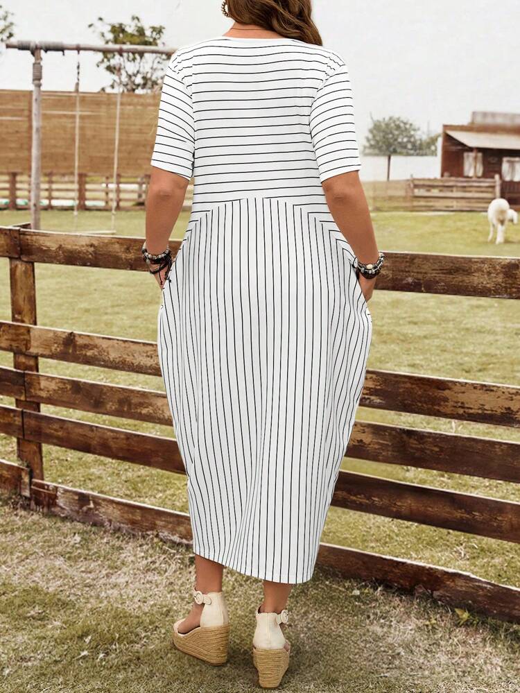 Plus Size Women's Summer Casual Striped Pocket Dress,Western Wear Women