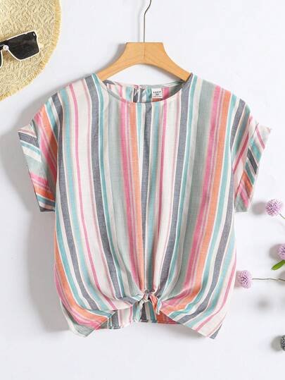 SHEIN Casual randig skjorta med knytfåll för tonårsflickor