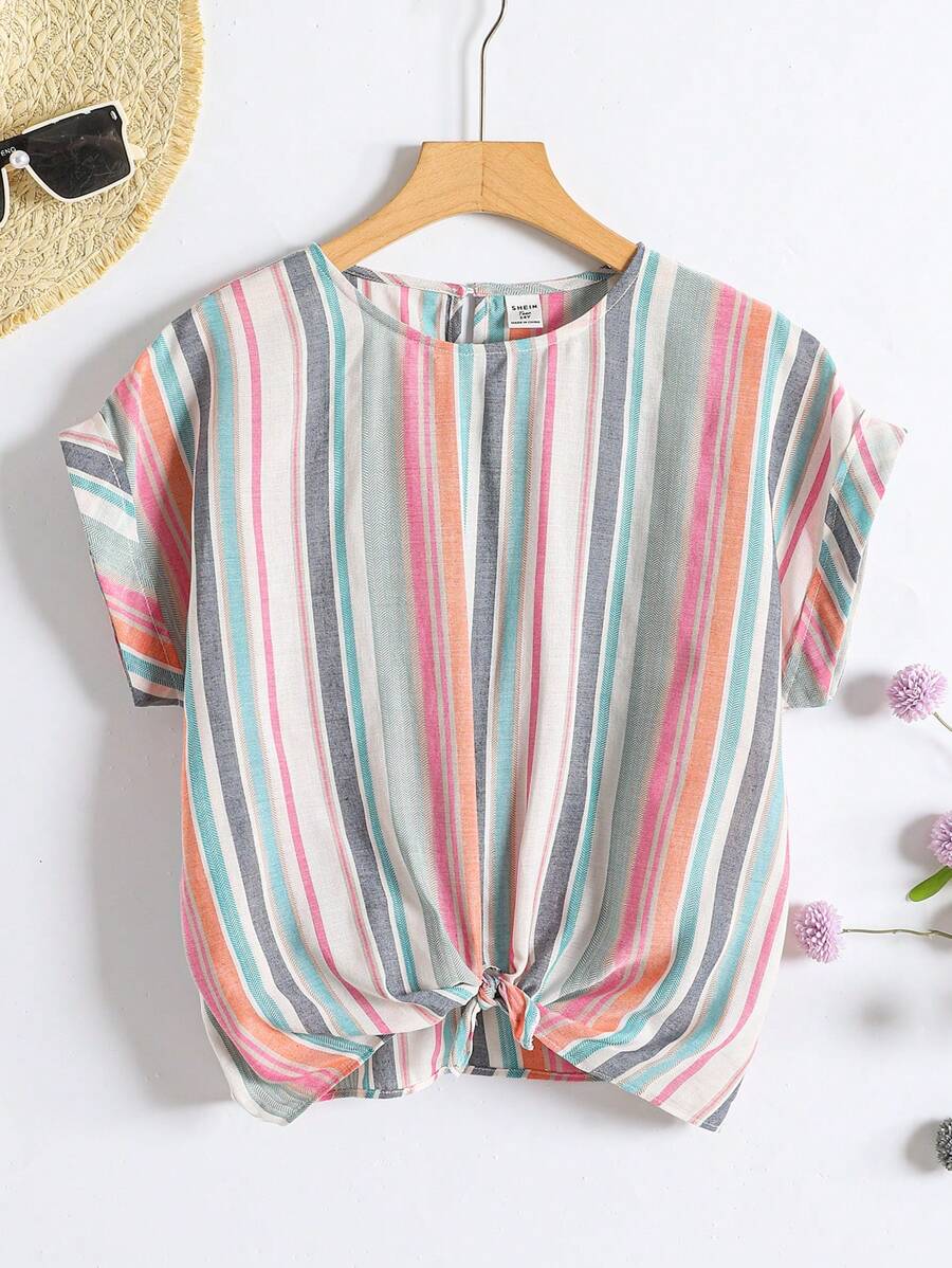 SHEIN Lässiges gestreiftes Hemd mit Bindesaum für Teen-Mädchen