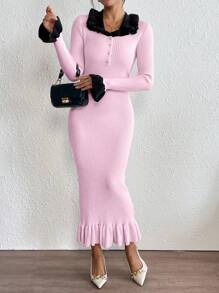 Chiquease Women's Peter Pan Collar Ruffle Sleeve Elegant Sweater Dress Fall Cloth For Women - Pink - View 6