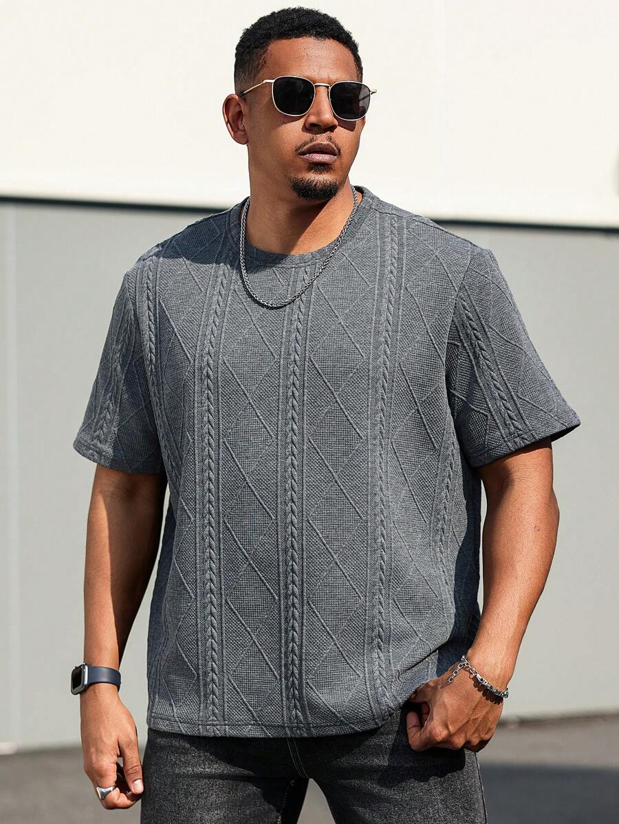 Manfinity Homme Plus Size Men's Simple Solid Color Textured Short Sleeve T-Shirt, Casual