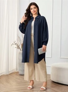 Mulvari Áo sơ mi trơn tối giản cỡ lớn, mặc hàng ngày - Màu xanh hải quân - Xem 6