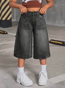 SHEIN Tween Girls Y2K 2000s Retro Washed Baggy Casual Denim Wide Leg Knee Length Jeans Shorts,Girls Fall Clothes Back To School Streetwear Outfits - Light Wash - View 3