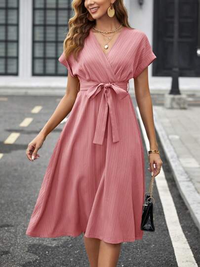 SHEIN Clasi V Neck Criss-Cross Solid Color Waist Belt Short Sleeve Midi Women Dress