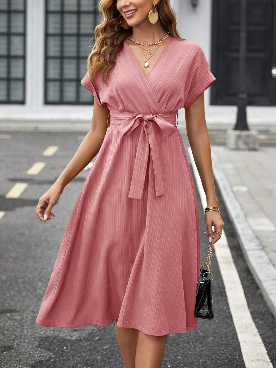 SHEIN Clasi V Neck Criss-Cross Solid Color Waist Belt Short Sleeve Midi Women Dress - Baby Pink - View 1