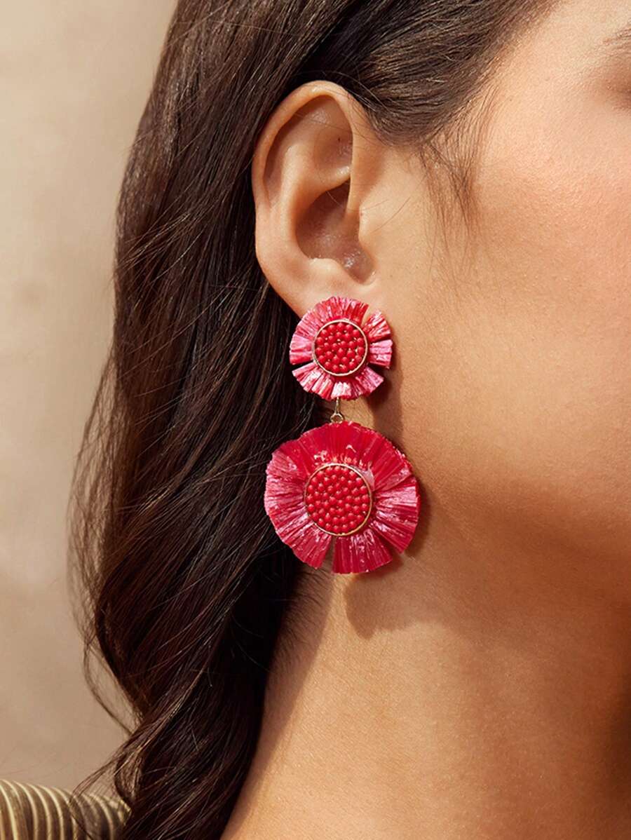 SHEIN VCAY Raffia Beads Tassel Minimalist Elegant Niche Casual Flower Dangle Earrings For Valentine's Day,Mom,Mother,Mother's Day,Gift - Hot Pink - View 1