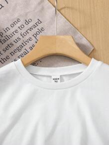 SHEIN Áo thun cổ tròn tay lửng dệt kim màu trắng rộng rãi cho bé gái tuổi teen có nơ trang trí, màu tương phản dễ thương thường ngày, phù hợp cho mùa xuân và mùa hè - Đen và trắng - Xem 3