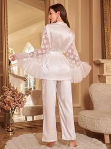 SHEIN 2 Pieces Ruffle Lace Splice Faux Silk Sleepwear Set - White - View 2