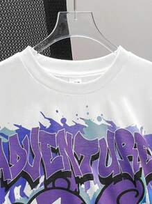 SHEIN 2pcs/Set Tween Boy Casual Street Graffiti Bear & Letter Print Crew Neck Short Sleeve T-Shirt And Pants Set, Suitable For Commute, School, Casual, Sports, Suitable For Spring And Summer, Party - Purple - View 3