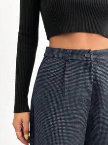 EURMUSE Women Wool Effect Check Pattern Wide Leg Pants - Black - View 4