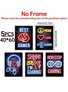 5 件霓虹灯墙艺术、游戏文化帆布印刷壁画、游戏热爱海报、和平符号艺术品、复古游戏氛围房间美学、游戏配件墙面装饰、艺术印刷品、家居装饰、海报、理想礼物，适用于客厅、卧室、浴室、咖啡厅