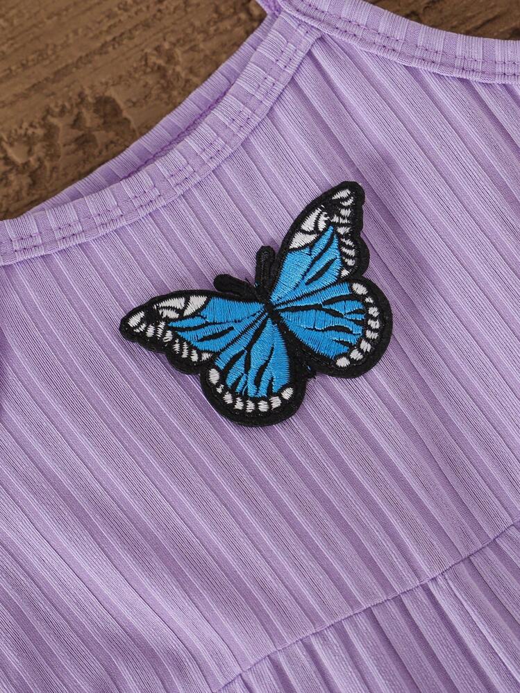 SHEIN Set de 3 monos de verano para niñas bebé con estampado de mariposa, color liso, acanalados, con decoración de lazo, monos casuales sin mangas - Multicolor - Añade 4