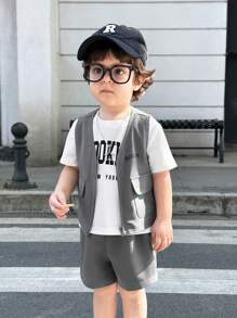 SHEIN 3 stuks/set babyjongen/meisje zomer casual letter grafische print ronde hals t-shirt, effen kleur vest, elastische taille zak sport shorts, geschikt voor casual straatkleding