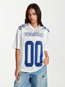 TRNVIE Camiseta de manga corta holgada con estampado numérico de Brooklyn y entredós de malla - Blanco - Ver 1