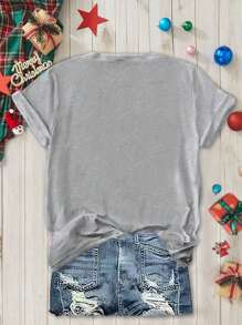 SHEIN LUNE Women's Merry Christmas Tree It's Most The Wonderful TIME Of The Year Pattern Printed T-Shirt Graphic Tees Women Tops - Light Grey - View 2