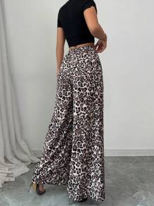 Elenzga Pantalones holgados de cintura alta con estampado de leopardo, pantalones plisados casuales de flujo primavera/verano nuevo