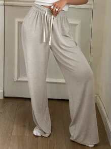 Livesso Women Casual Simple Front Tie Knit Straight Lounge Cozy Pants, For Pajama, Fall & Winter - Apricot - View 5