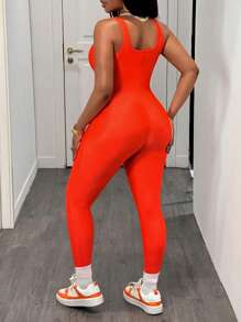 Slaydiva Women Casual Basic Sports Sleeveless Vest & Zip Front Collar Sleeveless Skin-Tight Jumpsuit - FF