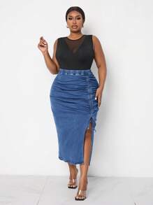 SHEIN Lady Plus Size Women's Denim Skirt Sexy Skinny Pleated Midi Skirt Blue Denim Skirt Long Women Skirts Sexy Blue Dress Women Skirts Thanksgiving Women Outfit Sexy Women Outfits