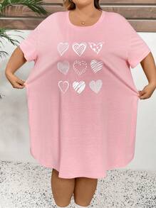 SHEIN CURVE+ Plus Size Summer Heart Print Knitted Elastic A-Line Dress - Dusty Pink - View 5