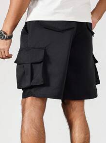 Manfinity Homme Plus Size Men's Solid Color Drawstring Waist Cargo Pocket Shorts - Black - View 2