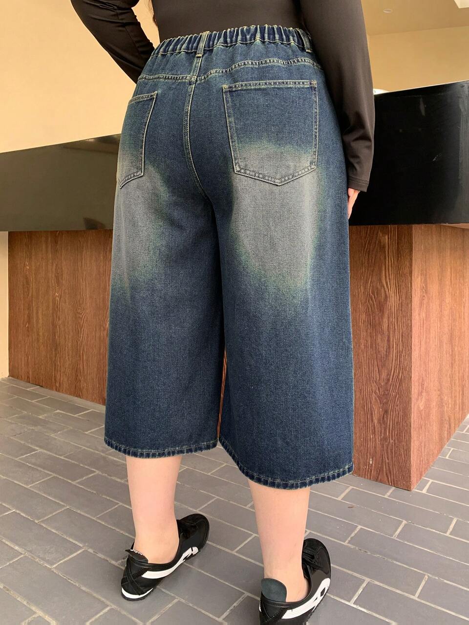 Plus Size Washed-Out Loose Baggy Wide Leg Cropped Denim Jeans, All Season Jorts
