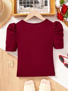 SHEIN Tween Girls Basic Solid Color Round Neck Short Sleeve Rhinestone Embellished Casual Top,Kids - Burgundy - View 2