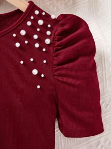 SHEIN Tween Girls Basic Solid Color Round Neck Short Sleeve Rhinestone Embellished Casual Top,Kids - Burgundy - View 4