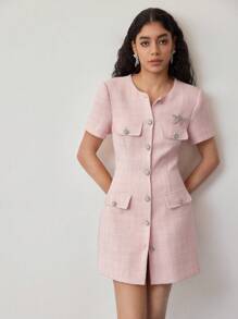 MOTF STUDIO TWEED BUTTON UP DRESS - Pink - View 3