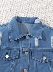 Sparklyn Tween Girls Y2K Pastel Pink Distressed Cropped Jacket, Drawstring Waist Denim Skirt 2 Pieces Set - Light Wash - View 3