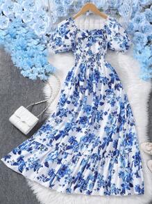 Sparklyn Đầm thường ngày tay ngắn in họa tiết hoa cho bé gái tuổi teen - Màu xanh lam - Xem 1