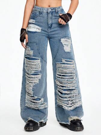 Grunge Punk Jeans de mezclilla anchos y sueltos con bolsillos desgastados, casuales y versátiles para mujer