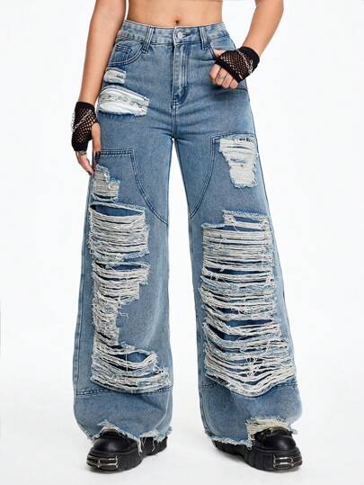 Grunge Punk Jeans en denim ample à jambes larges, décontracté et polyvalent, avec poches, pour femmes