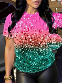 VaVaBold Camiseta de manga corta con decoración de lentejuelas para mujer, casual y para uso diario - Multicolor - Ver 1