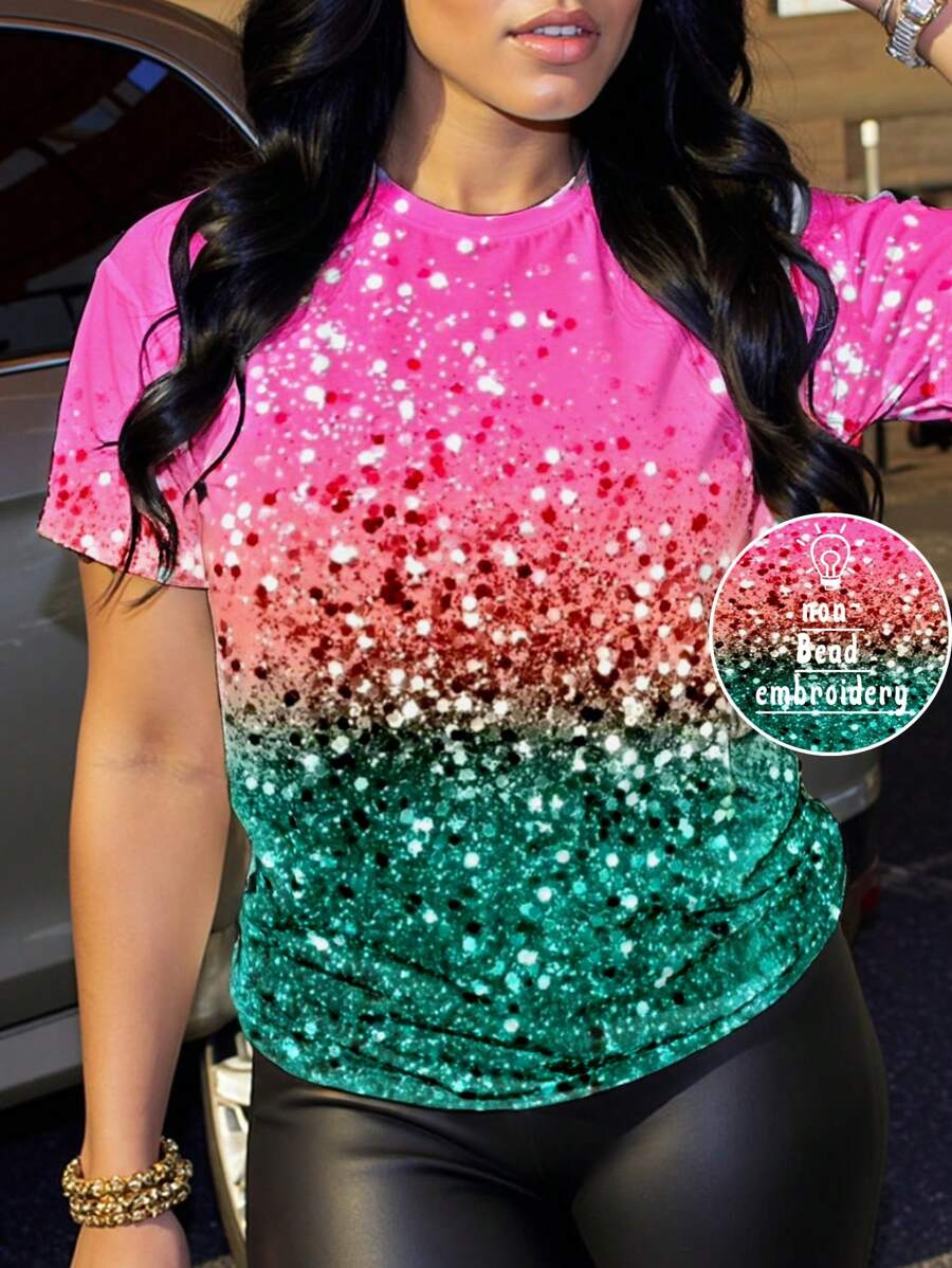 VaVaBold Camiseta de manga corta con decoración de lentejuelas para mujer, casual y para uso diario - Multicolor - Ver 1