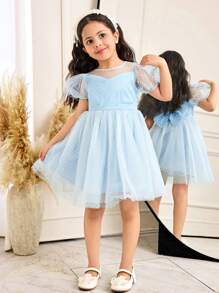 SHEIN Vestido de niña elegante con mangas abombadas de malla con estampado a lunares, diseño de gran lazo calado y empalmes de malla, color azul