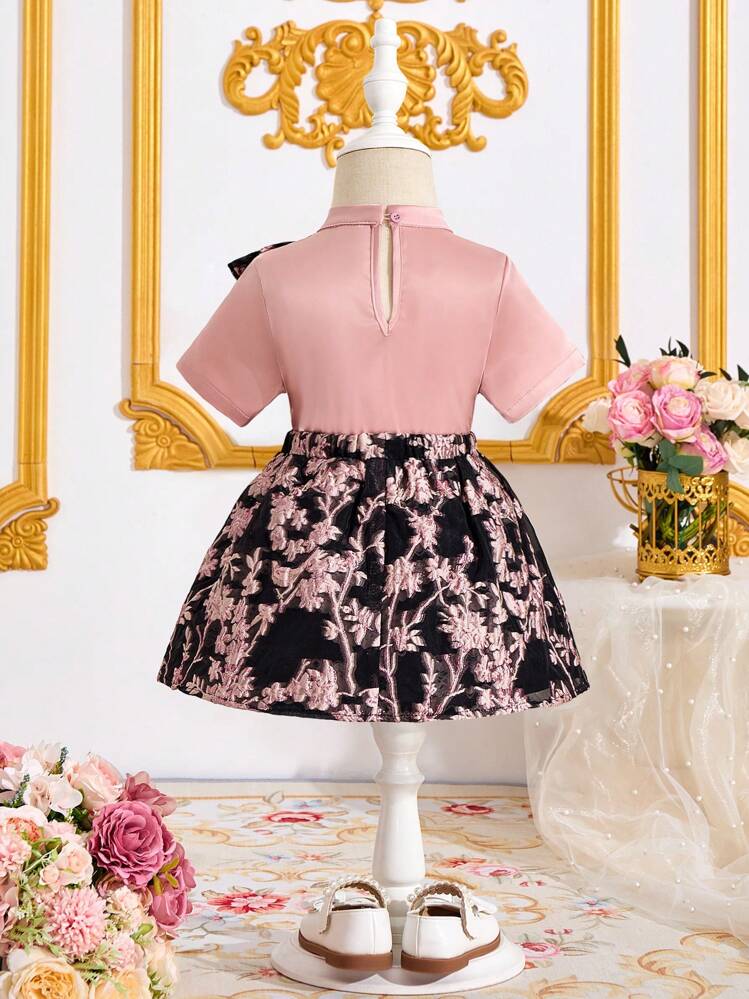 SHEIN Babygirl Floral Print Elegant Ruffle Skirt & Short Sleeve Shirt Set, Summer - Pink - View 2