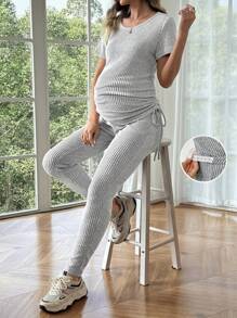 SHEIN 2pcs/Set Maternity Solid Color Round Neck Short Sleeve T-Shirt With Side Drawstring And Adjustable Waist Pants