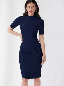 SHEIN Essnce Women Elegant Solid Color Knitted Ruched Bodycon Dress - Navy Blue - View 2