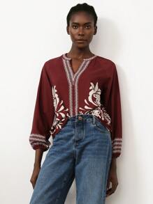 Aveloria Modichic 度假波西米亚风复古印花 V 领长袖衬衫 - 彩色 - 查看 3